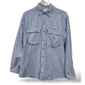 Guide Series Mens SZ Large Button Down Fishing Shirt Plaid Blue White Orange